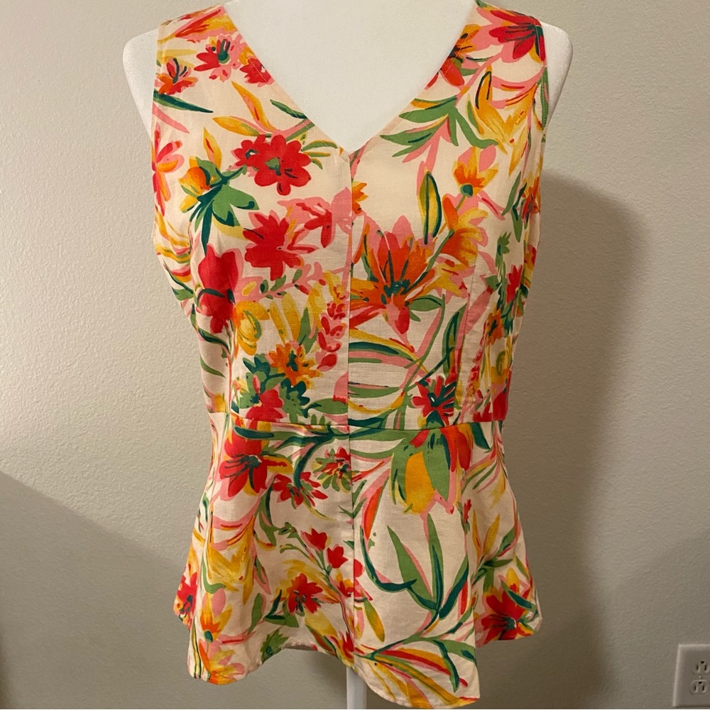 J Crew Floral Tropical Linen Blend V Neck Peplum Blouse